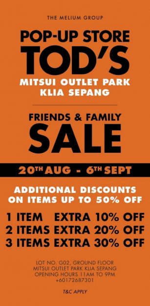 TODS-Friends-Family-Sale-at-Mitsui-Outlet-Park-KLIA-Sepang-307x625 - Bags Fashion Accessories Fashion Lifestyle & Department Store Selangor Warehouse Sale & Clearance in Malaysia 