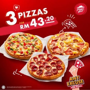 Pizza-Hut-3-Pizzas-at-RM43.20-Promotion-350x350 - Beverages Food , Restaurant & Pub Johor Kedah Kelantan Kuala Lumpur Melaka Negeri Sembilan Online Store Pahang Penang Perak Perlis Pizza Promotions & Freebies Putrajaya Sabah Sarawak Selangor Terengganu 