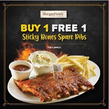 Morganfields-Buy-1-Free-1-Sticky-Bones-Spare-Ribs-Promo - Beverages Food , Restaurant & Pub Johor Kedah Kelantan Kuala Lumpur Melaka Negeri Sembilan Pahang Penang Perak Perlis Promotions & Freebies Putrajaya Sabah Sarawak Selangor Terengganu 