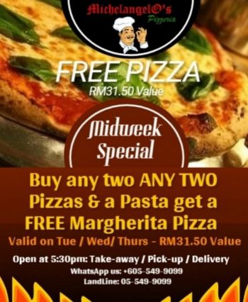 Michelangelos-Pizzeria-Midweek-Special-350x426 - Beverages Food , Restaurant & Pub Johor Kedah Kelantan Kuala Lumpur Melaka Negeri Sembilan Online Store Pahang Penang Perak Perlis Pizza Promotions & Freebies Putrajaya Sabah Sarawak Selangor Terengganu 