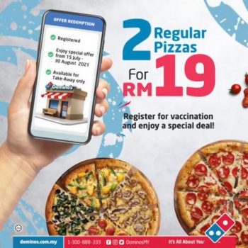 Dominos-Pizza-Vaccination-2-Regular-Pizza-for-RM19-Promotion-350x350 - Beverages Food , Restaurant & Pub Johor Kedah Kelantan Kuala Lumpur Melaka Negeri Sembilan Pahang Penang Perak Perlis Pizza Promotions & Freebies Putrajaya Sabah Sarawak Selangor Terengganu 