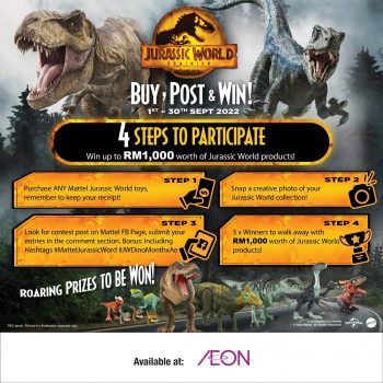 AEON-Mattel-Jurassic-World-Roaring-Dinosaurs-Photo-Contest-350x350 - Events & Fairs Johor Kedah Kelantan Kuala Lumpur Melaka Negeri Sembilan Others Pahang Penang Perak Perlis Putrajaya Sabah Sarawak Selangor Terengganu 