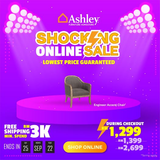 Now till 25 Sep 2022 Ashley Furniture HomeStore Online Shocking Sale