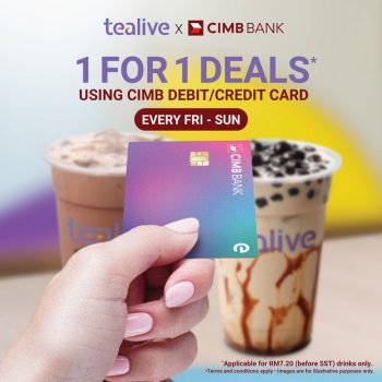 Tealive-1-for-1-Deals-with-CIMB-350x350 - Bank & Finance Beverages CIMB Bank Food , Restaurant & Pub Johor Kedah Kelantan Kuala Lumpur Melaka Negeri Sembilan Pahang Penang Perak Perlis Promotions & Freebies Putrajaya Sabah Sarawak Selangor Terengganu 