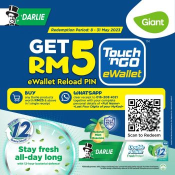 Giant-Darlie-Free-RM5-Touch-n-Go-eWallet-Reload-Pin-Promotion-350x350 - Johor Kedah Kelantan Kuala Lumpur Melaka Negeri Sembilan Pahang Penang Perak Perlis Promotions & Freebies Putrajaya Sabah Sarawak Selangor Supermarket & Hypermarket Terengganu 