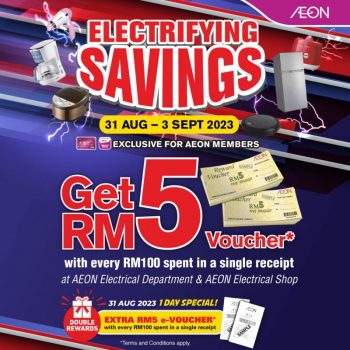 AEON-Electrifying-Savings-FREE-RM5-Vouchers-Promotion-350x350 - Johor Kedah Kelantan Kuala Lumpur Melaka Negeri Sembilan Pahang Penang Perak Perlis Promotions & Freebies Putrajaya Sabah Sarawak Selangor Supermarket & Hypermarket Terengganu 