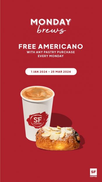 San-Francisco-Coffee-Free-Americano-with-any-pastry-purchase-every-Monday-350x622 - Beverages Food , Restaurant & Pub Johor Kedah Kelantan Kuala Lumpur Melaka Negeri Sembilan Pahang Penang Perak Perlis Promotions & Freebies Putrajaya Sabah Sarawak Selangor Terengganu 