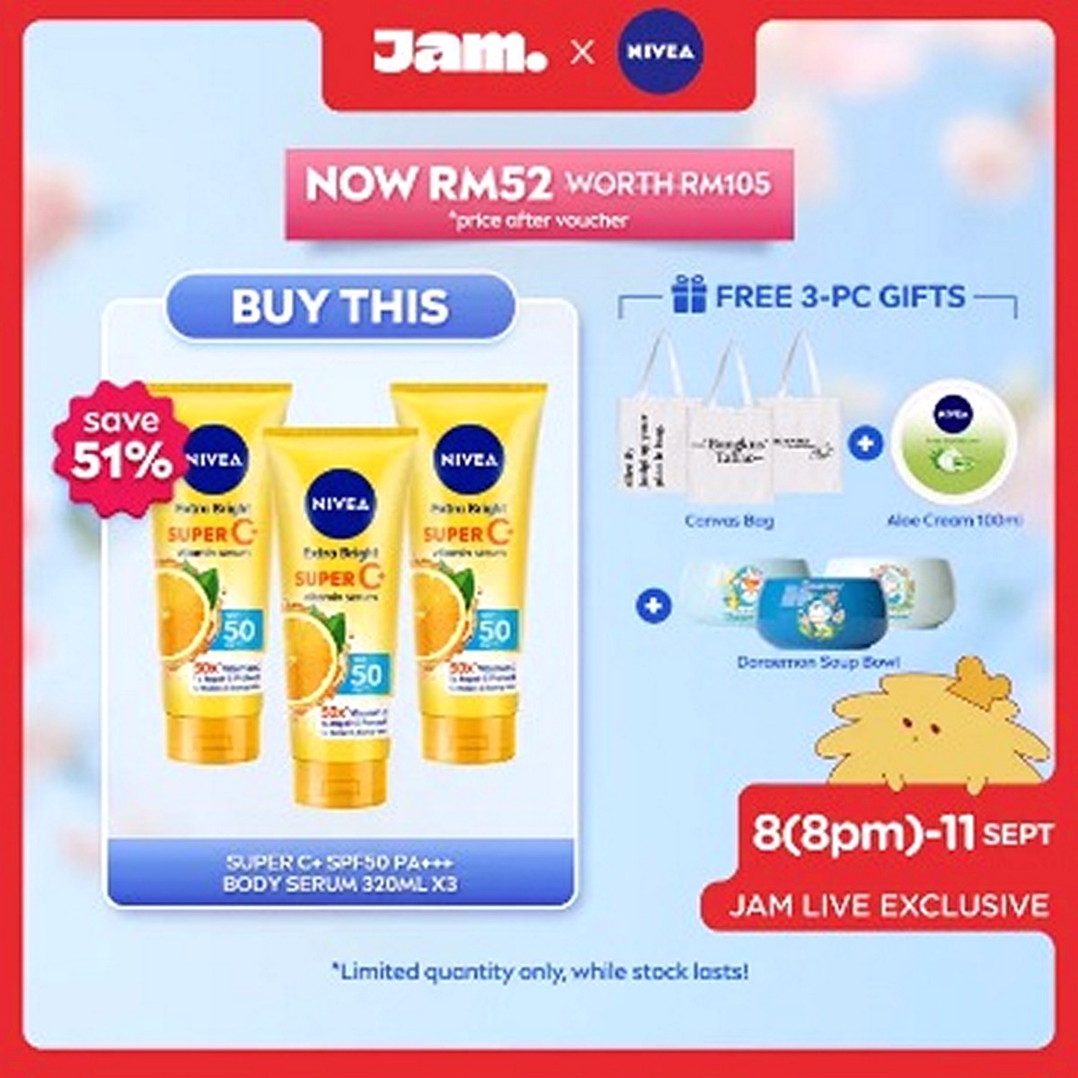 Free-CANVAS-BAG-ALOE-CREAM-100ML-B2F1-NIVEA-Body-Extra-Bright-Super-C-SPF50-Vitamin-Serum-320ml-Lazada - Beauty & Health Cosmetics Johor Kedah Kelantan Kuala Lumpur Location Melaka Nationwide Negeri Sembilan Online Store Pahang Penang Perak Perlis Personal Care Putrajaya Sabah Sarawak Selangor Skincare Terengganu Treatments Warehouse Sale & Clearance in Malaysia 