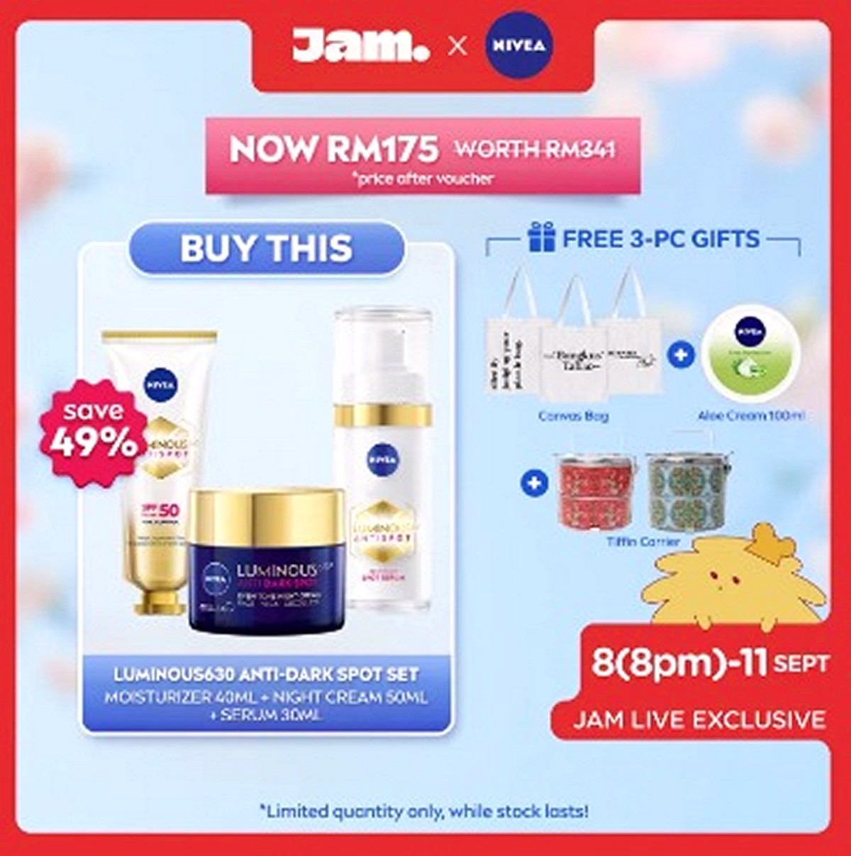 Free-CANVAS-BAG-ALOE-CREAM-100ML-NIVEA-Luminous-630-Regimen-Set-Lazada - Beauty & Health Cosmetics Johor Kedah Kelantan Kuala Lumpur Location Melaka Nationwide Negeri Sembilan Online Store Pahang Penang Perak Perlis Personal Care Putrajaya Sabah Sarawak Selangor Skincare Terengganu Treatments Warehouse Sale & Clearance in Malaysia 
