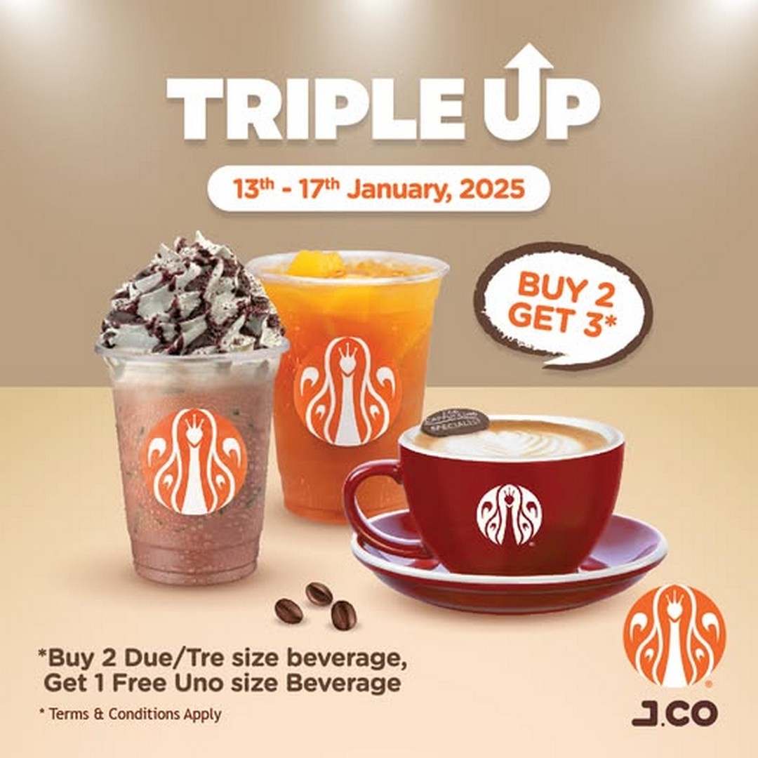 J.CO-Donuts-Coffee-Special-Promotion 13-17 January 2025: J.CO Donuts & Coffee, Special Promotion - Enjoy 1 Free Beverage When You Purchase 2