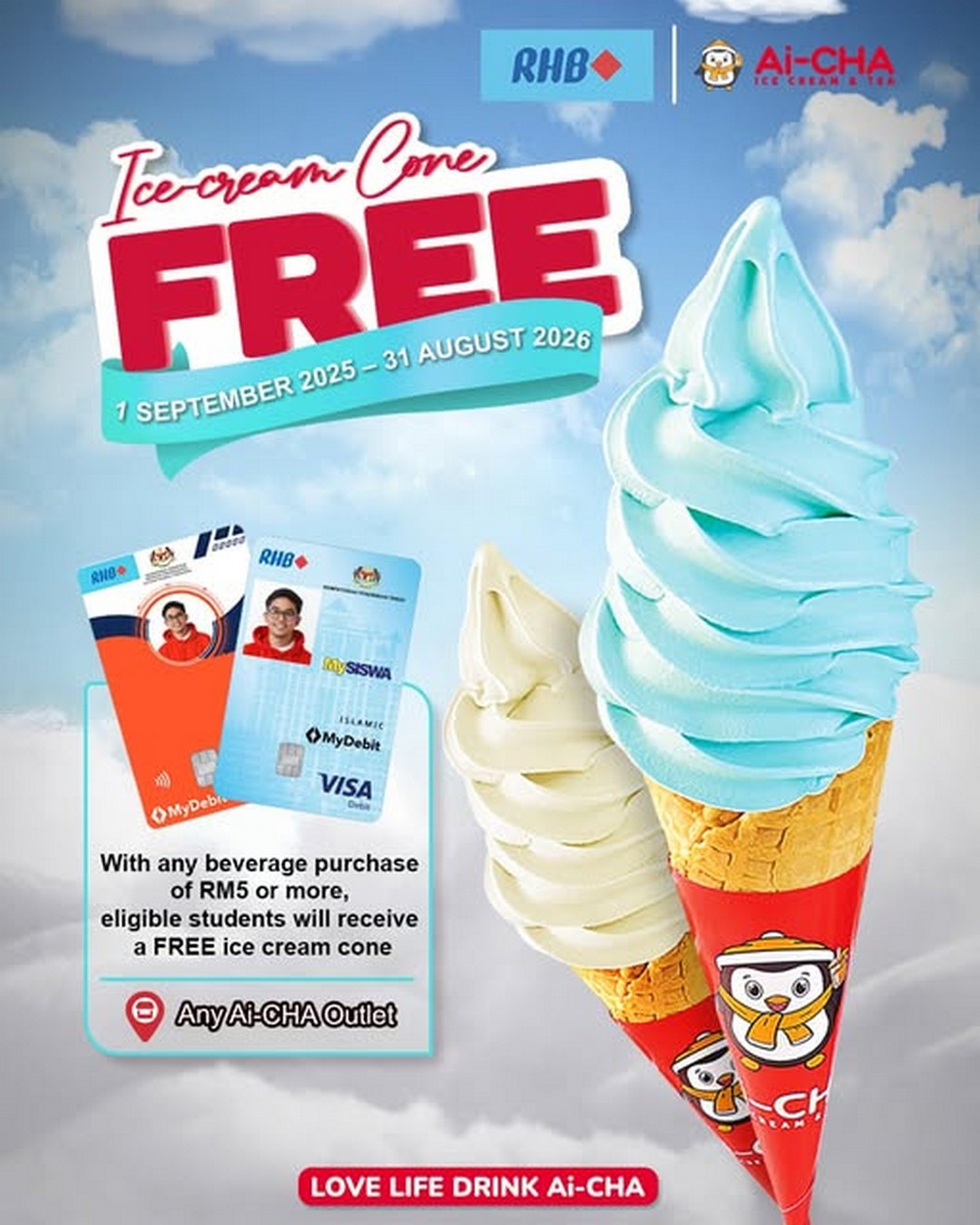 Ai-CHA-Malaysia-Free-Ice-Cream-Promotion 1 September 2025-31 August 2026: Ai-CHA Malaysia: Free Ice Cream Promotion for RHB Student Card Holders