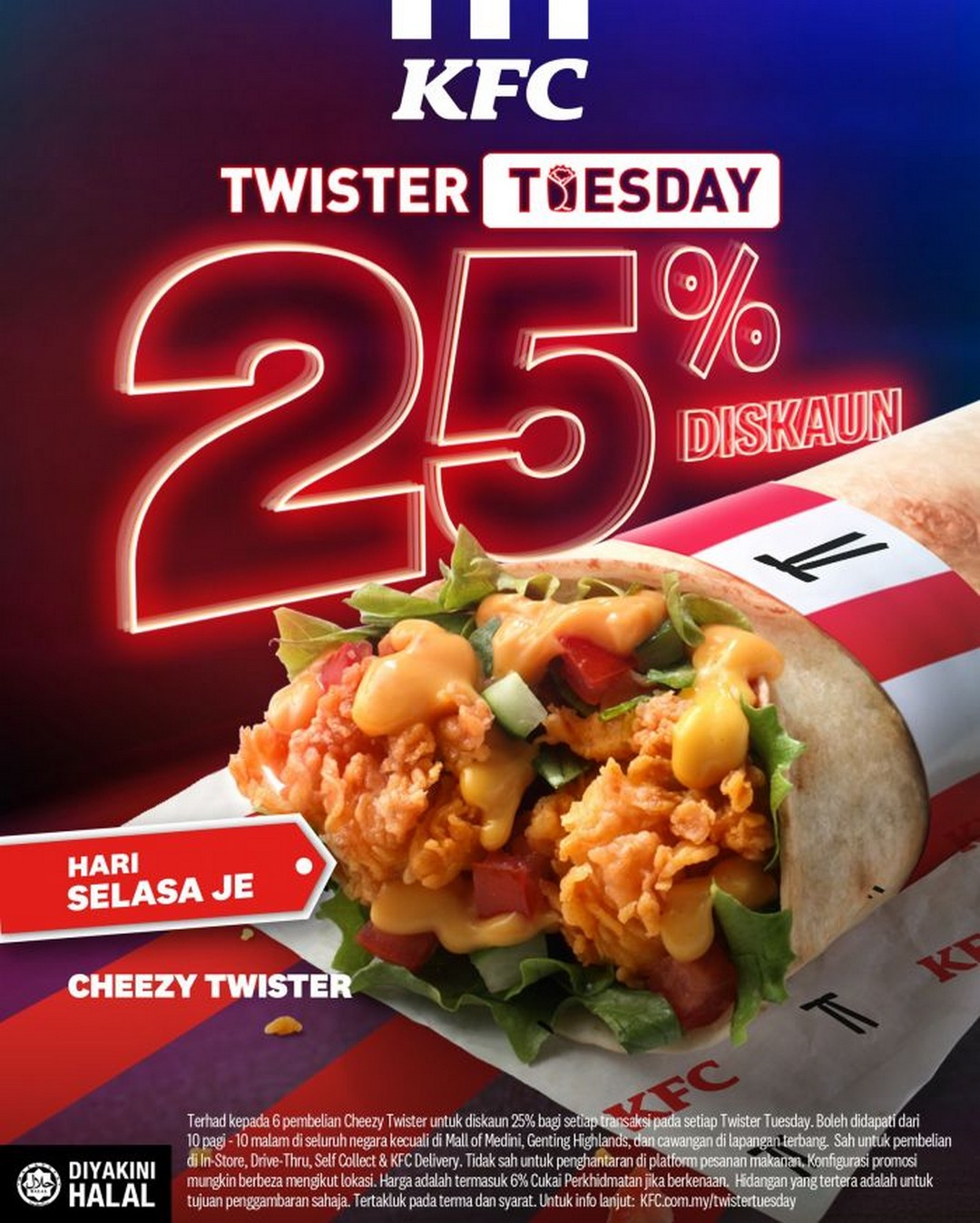 KFC-Malaysia-Twister-Tuesday-Promotion 29 October 2025 onwards: KFC Malaysia: Twister Tuesday Promotion: 25% Off Cheezy Twister Every Tuesday