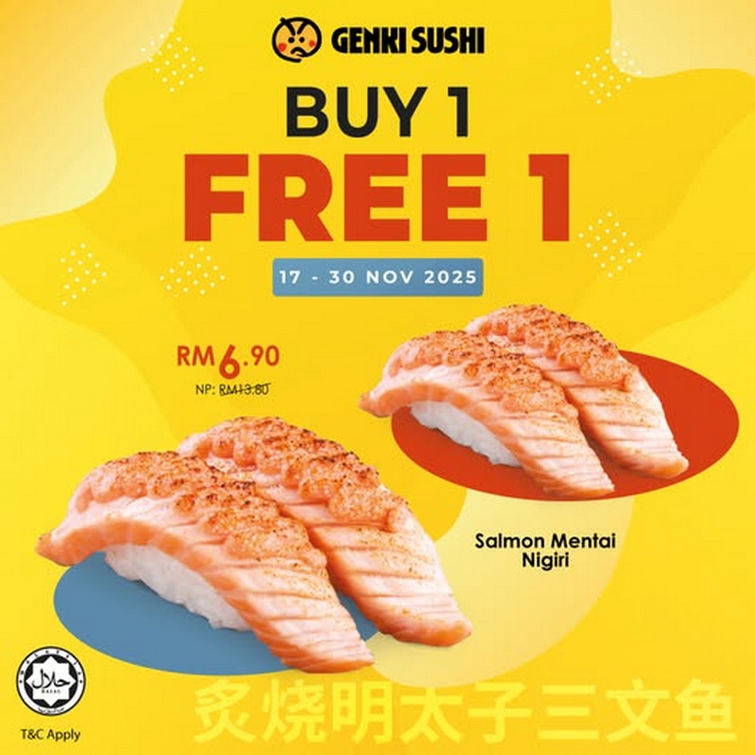 Genki-Sushi-Malaysia-Buy-1-Free-1-Salmon-Mentai-Nigiri-Promotion 17-30 November 2025: Genki Sushi Malaysia: Buy 1 Free 1 Salmon Mentai Nigiri Promotion