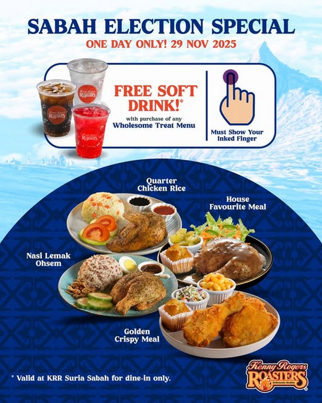 Kenny-Rogers-ROASTERS-Malaysia-Wholesome-Treat-Menu-Voting-Day-Promotion 29 November 2025: Kenny Rogers ROASTERS Malaysia: Wholesome Treat Menu Voting Day Promotion: Free Soft Drink at Suria Sabah