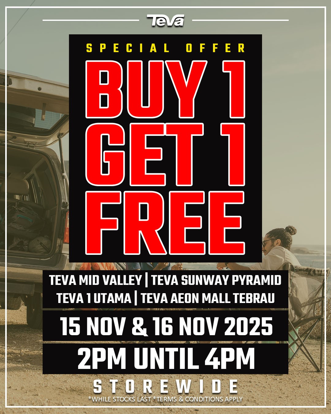 Teva-Malaysia-Buy-1-Get-1-Free-Flash-Promotion 15-16 November 2025: Teva Malaysia: Buy 1 Get 1 Free Flash Promotion: Limited 2-Hour Footwear Event