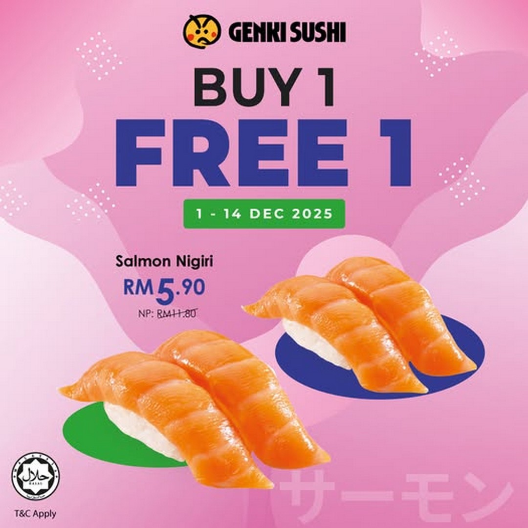 Genki-Sushi-Malaysia-Buy-1-Free-1-Salmon-Nigiri-Promotion-1 1-14 December 2025: Genki Sushi Malaysia: Buy 1 Free 1 Salmon Nigiri Promotion – Limited Time Sushi Deal