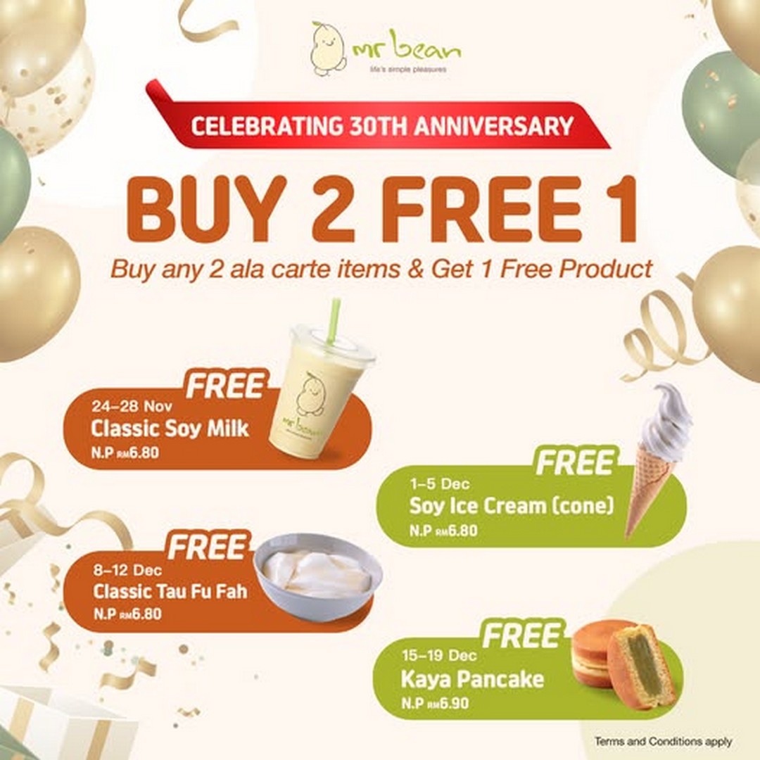 Mr-Bean-Malaysia-30th-Anniversary-Celebration 24 November-19 December 2025: Mr Bean Malaysia: 30th Anniversary Celebration: Free Product Promotion on Weekdays