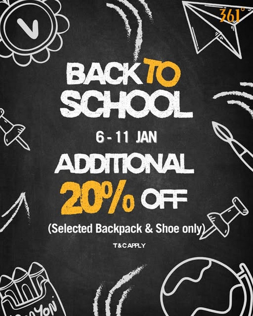 361-Malaysia-Back-to-School-Promotion 6-11 January 2026: 361 Malaysia: Back to School Promotion: Additional 20% OFF on Selected Backpacks & Shoes