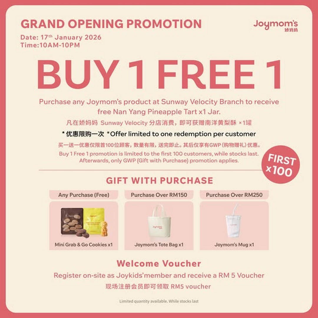 Joymoms-Sunway-Velocity-Grand-Opening-1 17 January 2026: Joymom’s Sunway Velocity Grand Opening: Buy 1 Free 1 Cookies Promotion