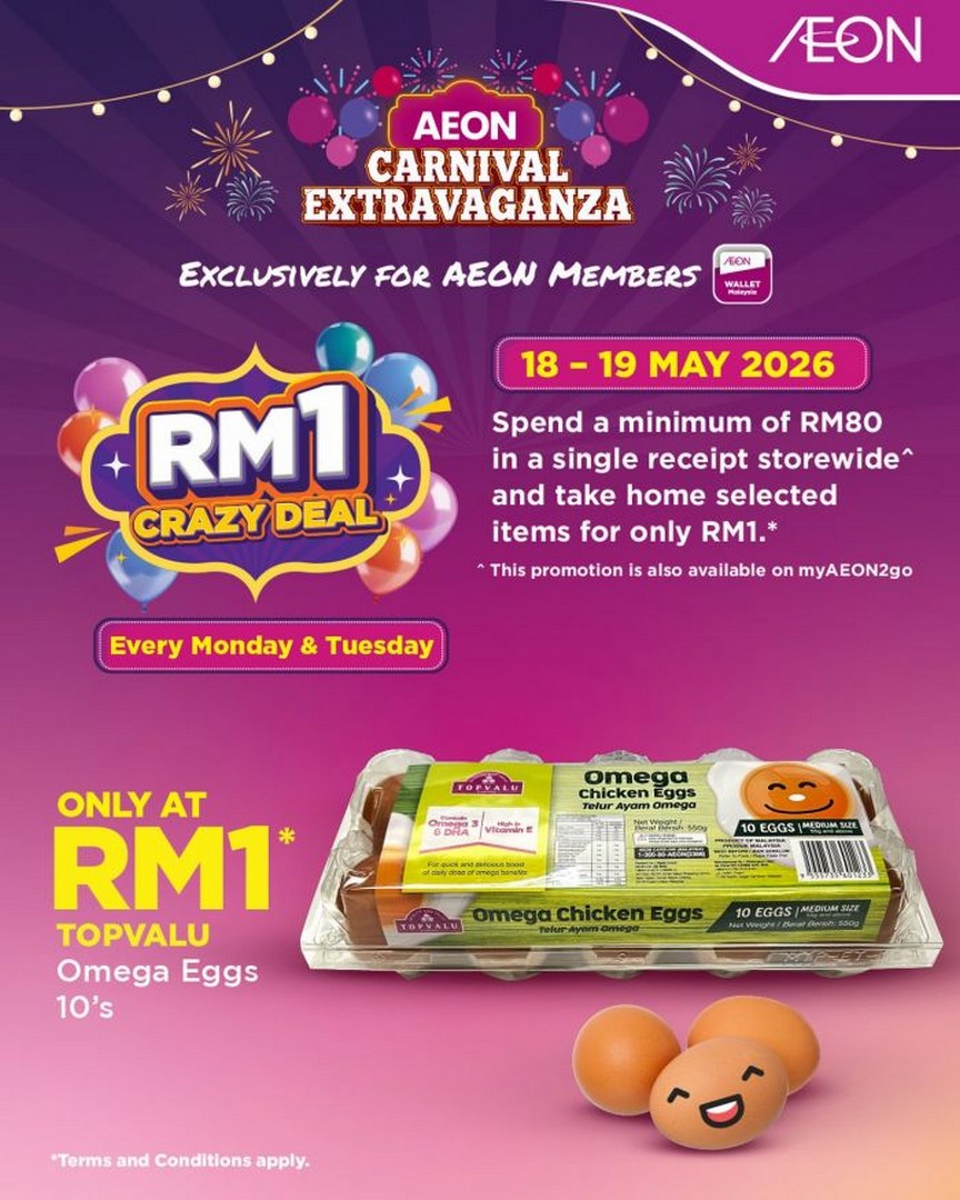 AEON-Malaysia-RM1-Egg-Promotion-Carnival-Extravaganza-Deal 18–19 May 2026: AEON Malaysia RM1 Egg Promotion Carnival Extravaganza Deal: Limited Member Storewide Spend & Save Grocery Offer