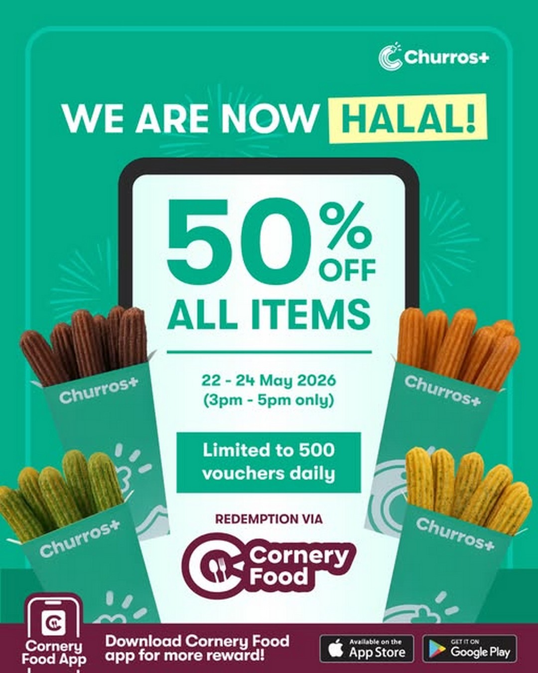 Churros-Plus-Malaysia-HALAL-Certification-Celebration-50-Off-All 22–24 May 2026: Churros Plus Malaysia, HALAL Certification Celebration 50% Off All Items Limited Time Promotion (3PM–5PM, Selected Outlets)