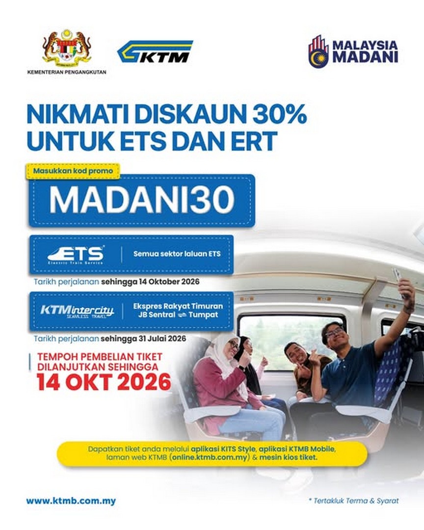 KTM-Berhad-MADANI30-Discount-Ticket-Campaign 19 May 2026 – 14 October 2026: KTM Berhad, MADANI30 Discount Ticket Campaign, Up to 30% Savings on ETS & ERL Travel Promotion