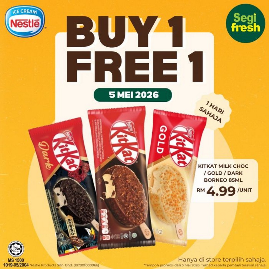Segi-Fresh-Malaysia-Buy-1-Free-1-KitKat-Ice-Cream-Flash-Sale 5 May 2026: Segi Fresh Malaysia: Buy 1 Free 1 KitKat Ice Cream Flash Sale Promotion (One-Day Dessert Deal Across Selected Outlets)