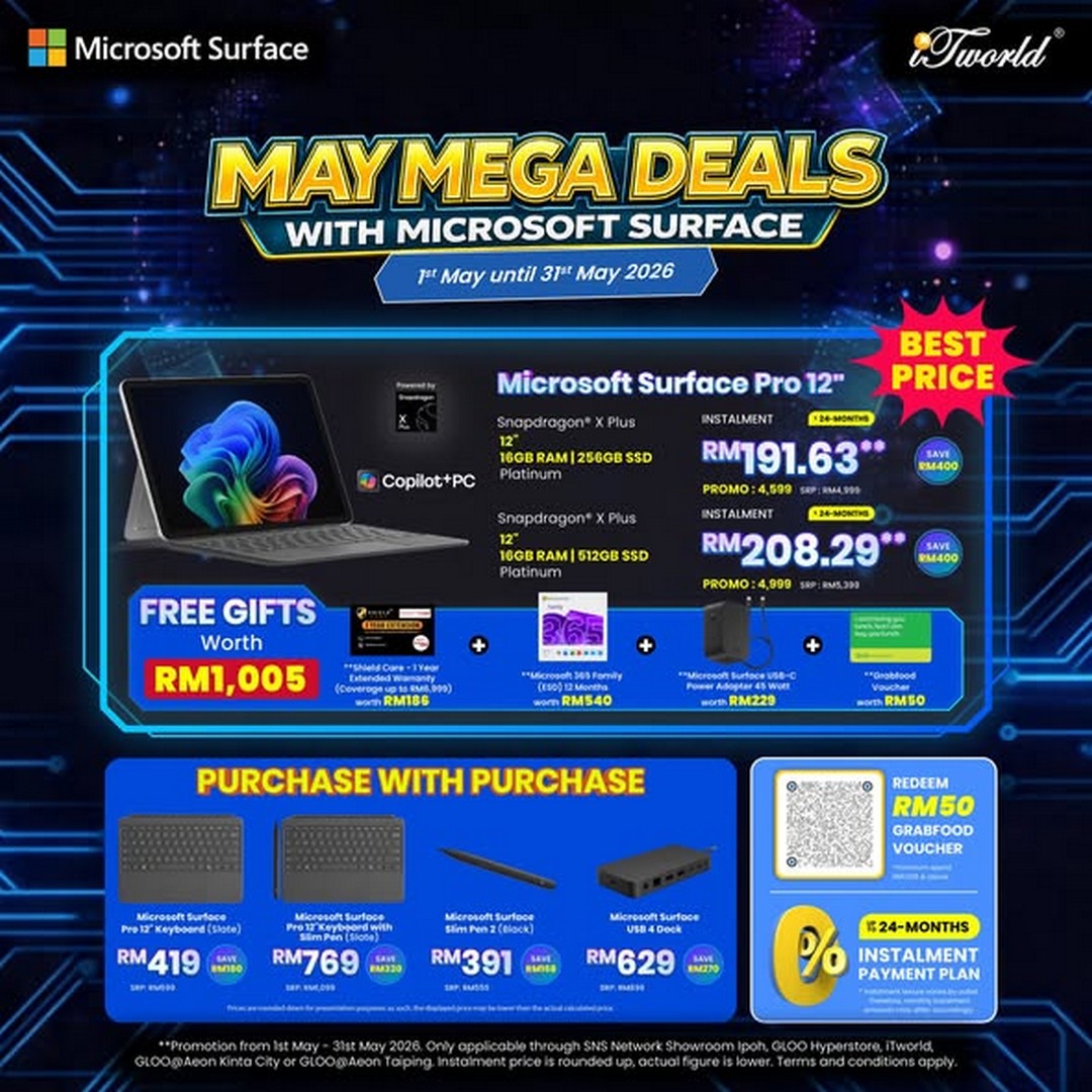 iTworld-Malaysia-Microsoft-Surface-Copilot-PC-Promotion-1 1-31 May 2026: iTworld Malaysia Microsoft Surface Copilot+ PC Promotion with Free Gifts Worth Up to RM1,308, RM50 GrabFood Voucher and 50% OFF Microsoft 365 Family Sale