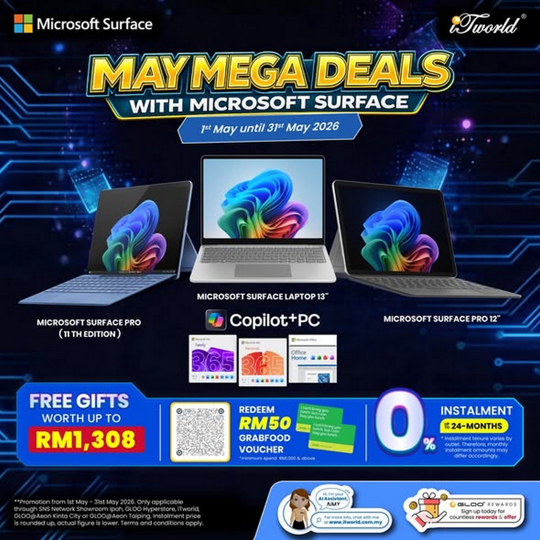 iTworld-Malaysia-Microsoft-Surface-Copilot-PC-Promotion 1-31 May 2026: iTworld Malaysia Microsoft Surface Copilot+ PC Promotion with Free Gifts Worth Up to RM1,308, RM50 GrabFood Voucher and 50% OFF Microsoft 365 Family Sale