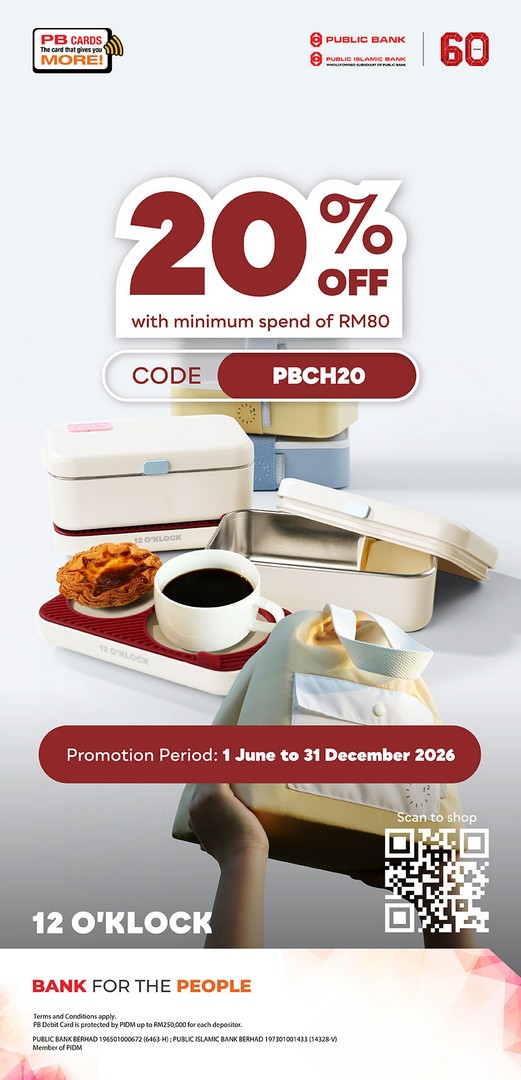 12-OKLOCK-Public-Bank-Cardmembers-Promotion 1 June 2026 – 31 December 2026: 12 O’KLOCK Public Bank Cardmembers Promotion: 20% Off Online Deal with RM80 Minimum Spend Using Code PBCH20