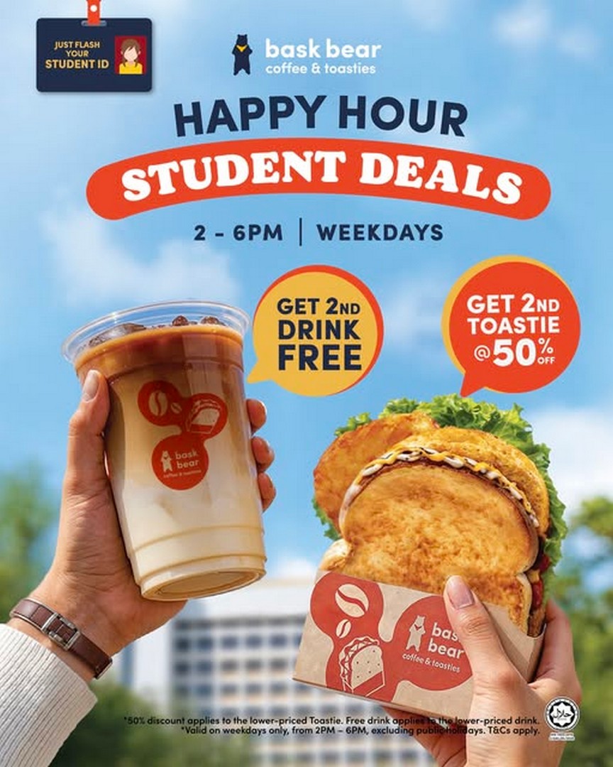 Bask-Bear-Coffee-Student-Happy-Hour-Deals 17 June 2026 onwards: Bask Bear Coffee Student Happy Hour Deals: Buy 1 Get 2nd Drink Free and 50% Off Toastie Weekday Afternoon Promotion in Selected Outlets
