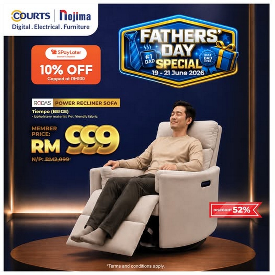 COURTS-Fathers-Day-Promotion 19–21 June 2026: COURTS Father’s Day Promotion: Rodas Tiempo Power Recliner Sofa Deal, Ultimate Comfort Gift at RM999 Limited Time Offer