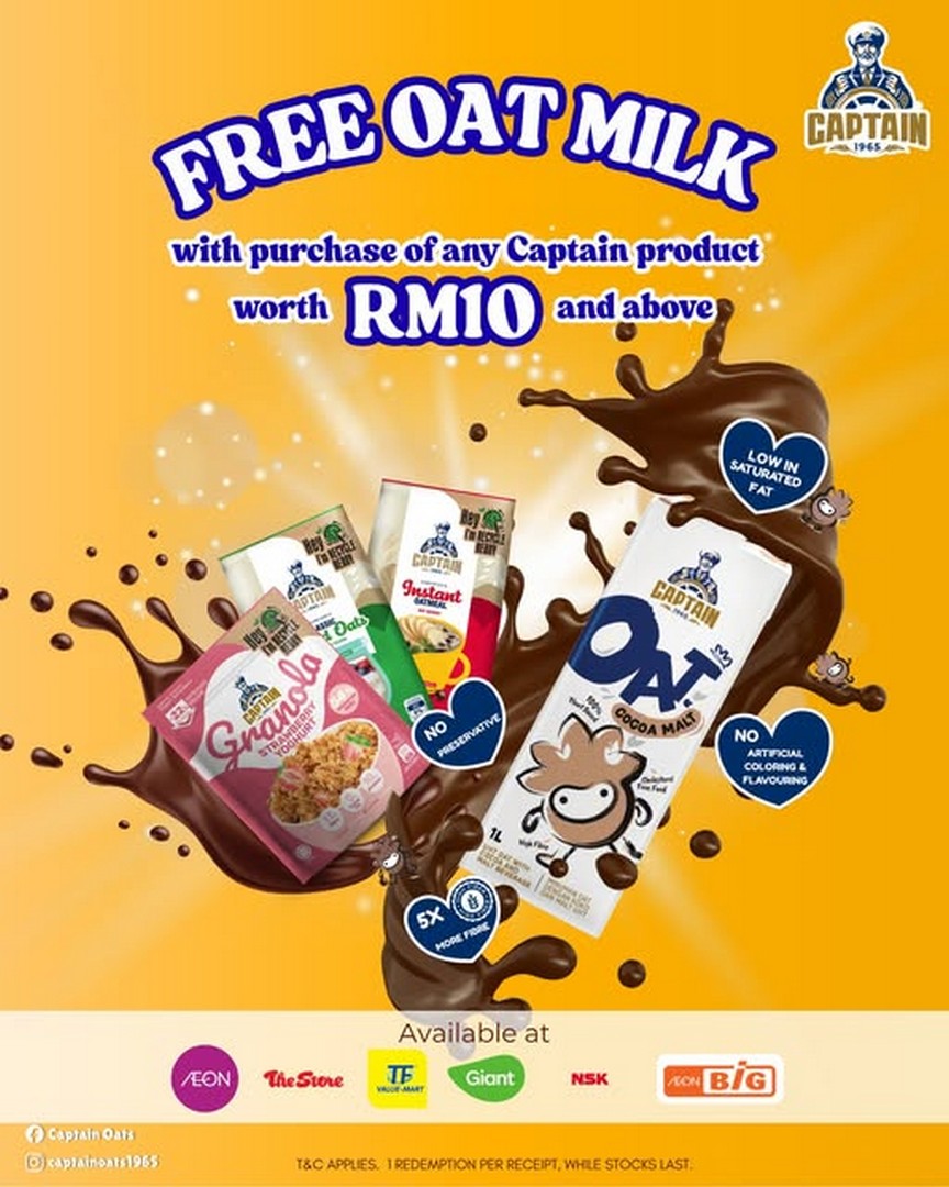 Captain-Oats-FREE-Captain-Cocoa-Oat-Milk-1L-Promotion 24 June 2026 onwards: Captain Oats FREE Captain Cocoa Oat Milk 1L Promotion at AEON, Giant, NSK, TF Value-Mart and More