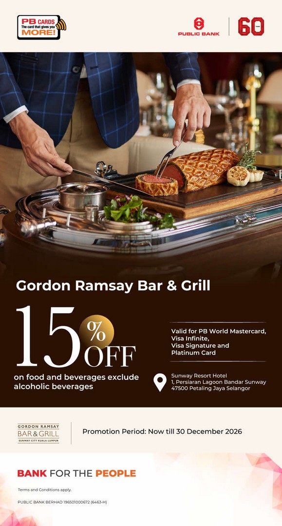 Gordon-Ramsay-Bar-Grill-Malaysia-Promotion Now till 30 December 2026: Gordon Ramsay Bar & Grill Malaysia Promotion – Enjoy 15% Off Food and Beverages with Public Bank Credit Cards at Sunway Resort Hotel
