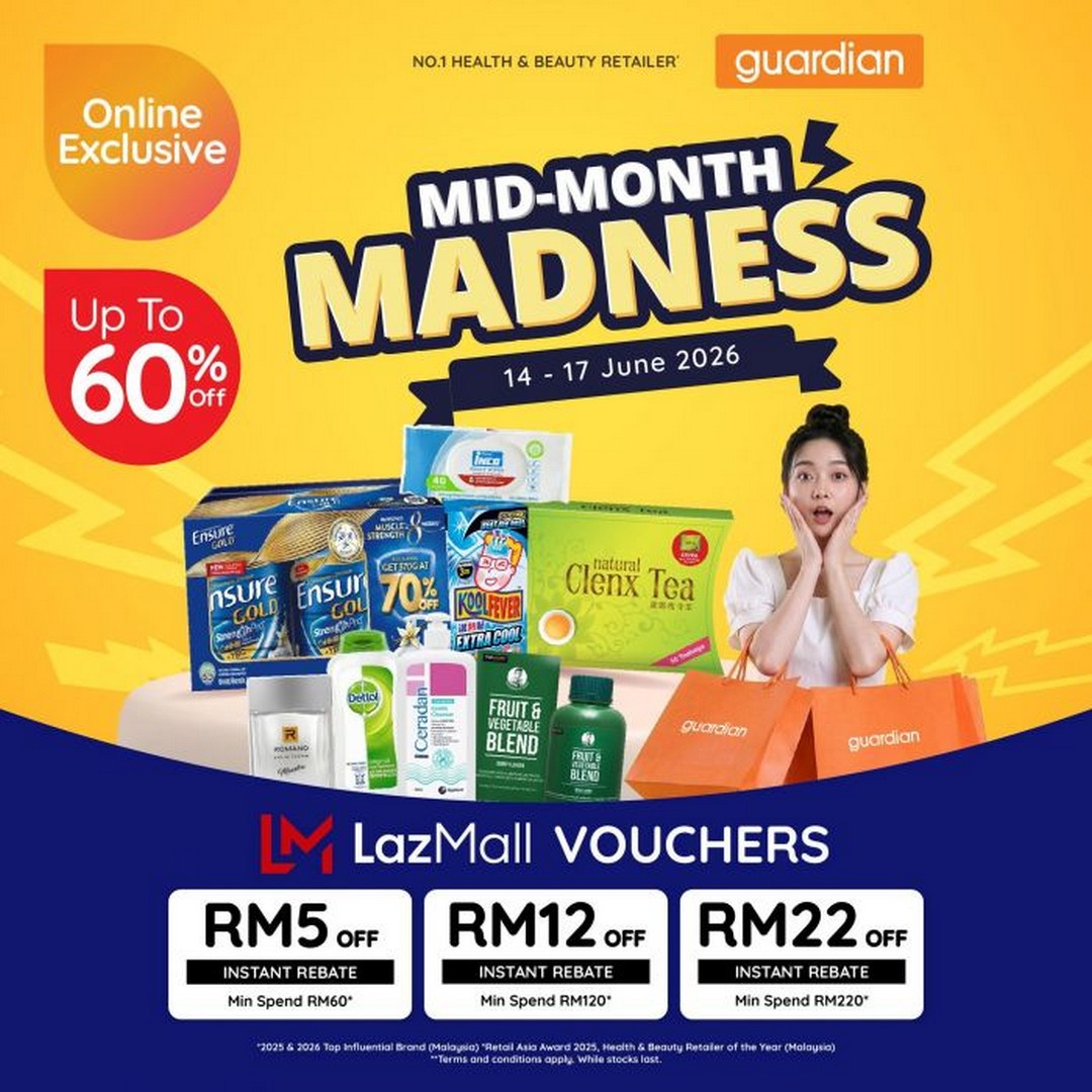 Guardian-Mid-Month-Madness-on-Lazada-Up-to-60-OFF 14–17 June 2026: Guardian Mid-Month Madness on Lazada: Up to 60% OFF Health & Beauty Essentials + RM22 Vouchers Online Sale