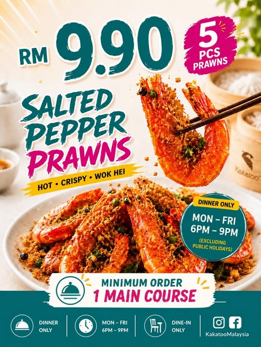 Kakatoo-Malaysia-Salted-Pepper-Prawns-RM9.90-Promotion 3 June 2026 onwards: Kakatoo Malaysia Salted Pepper Prawns RM9.90 Promotion – Enjoy 5 Crispy Wok Hei Prawns for Less During Dinner Hours