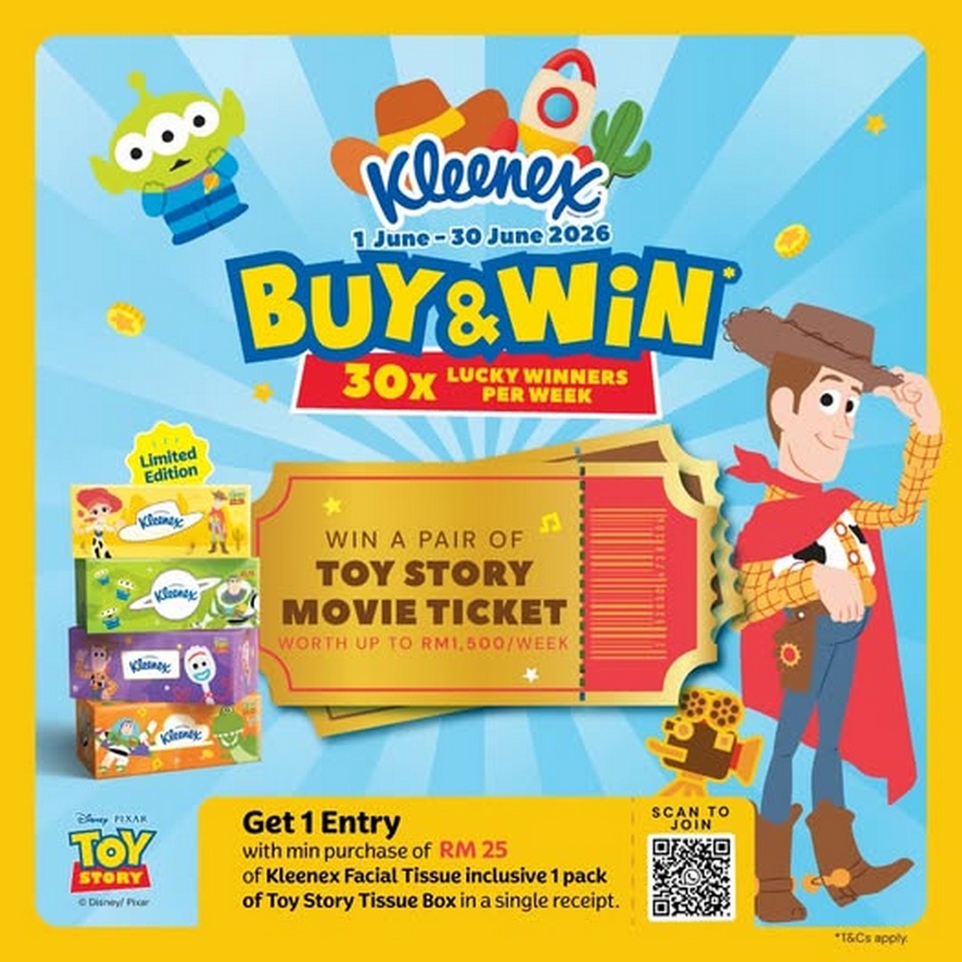 Kleenex-Toy-Story-Exclusive-Packaging-Promotion 1-30 June 2026: Kleenex Toy Story Exclusive Packaging Promotion – Spend RM25 and Stand a Chance to Win Weekly Toy Story Movie Ticket Prizes Worth Up to RM1,500