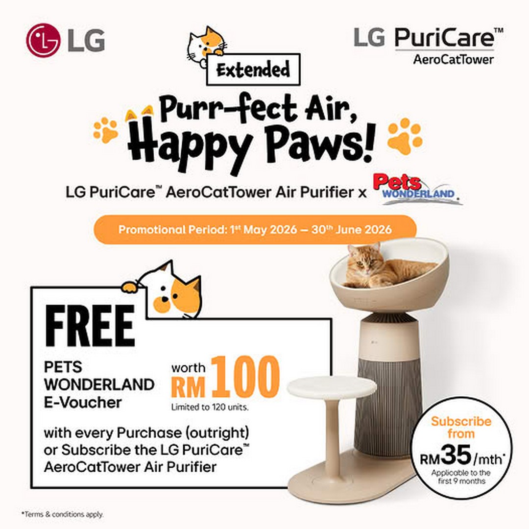 LG-Malaysia-LG-PuriCare-AeroCatTower-Promotion 1 May – 30 June 2026: LG Malaysia LG PuriCare AeroCatTower Promotion – Free RM100 Pets Wonderland e-Voucher with Every Purchase or Subscription