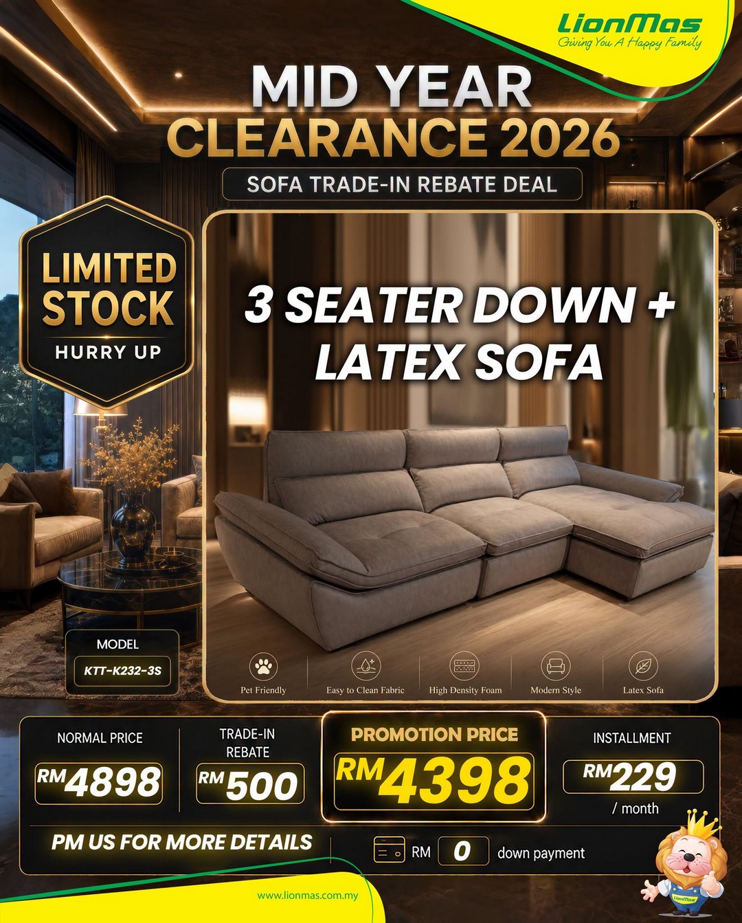 Lionmas-Furnishers-Mid-Year-Clearance-Sale-2026-6 22 June 2026 onwards: Lionmas Furnishers Mid Year Clearance Sale 2026 – Enjoy Massive Sofa Discounts, Cash Rebates Up to RM1,200 and Easy Instalment Plans