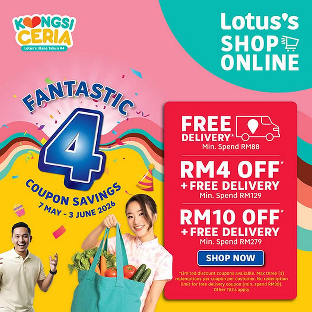 Lotuss-Malaysia-4th-Anniversary-Weekend-Savings-Promotion 7 May–3 June 2026: Lotus’s Malaysia, 4th Anniversary Weekend Savings Promotion: Extra Instant Discounts and Free Delivery Nationwide Online Celebration Deals