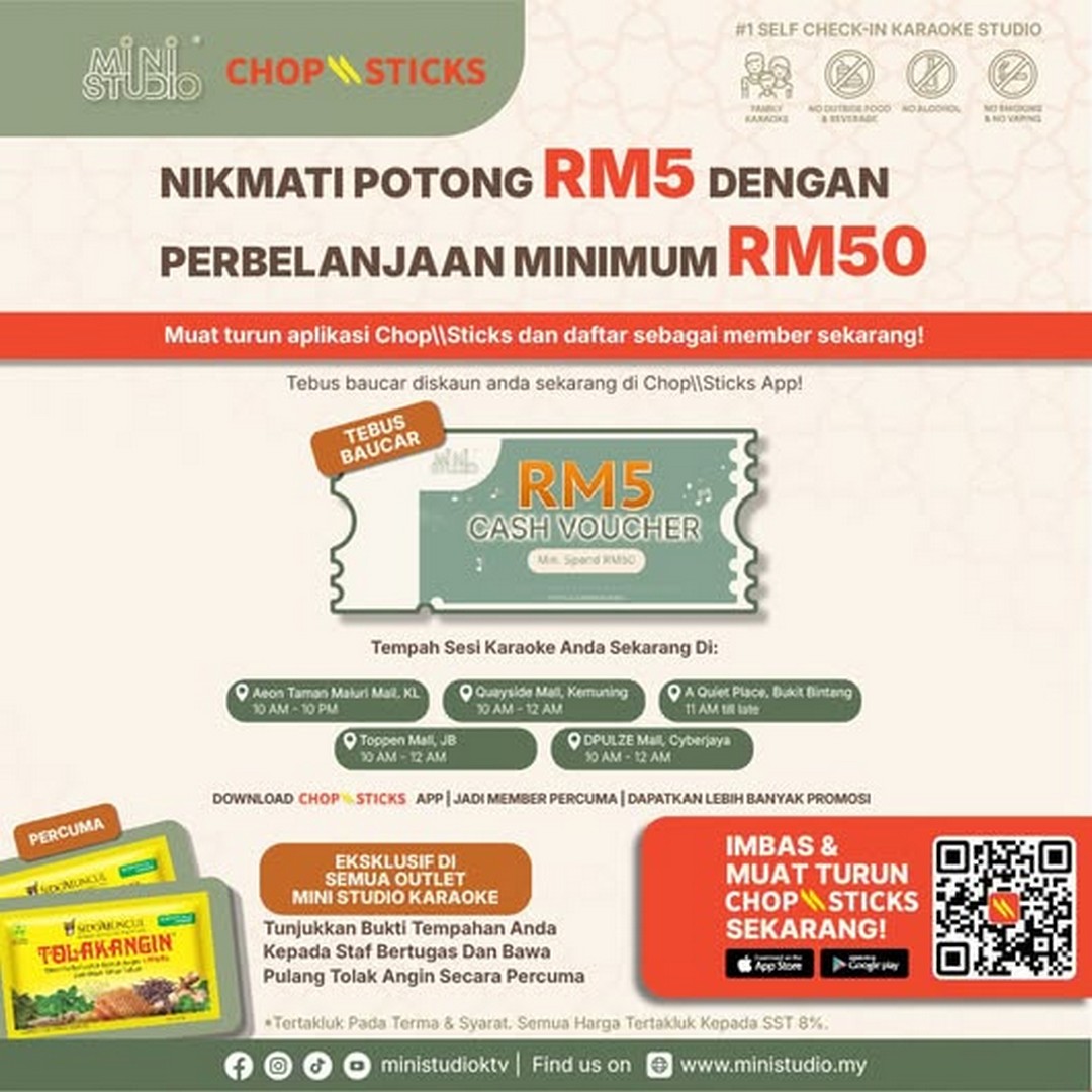 Mini-Studio-Karaoke-ChopSticks-App-RM5-Off-Karaoke-Session 2 June 2026 onwards: Mini Studio Karaoke, ChopSticks App RM5 Off Karaoke Session & Free Tolak Angin Drink Promotion in Malaysia
