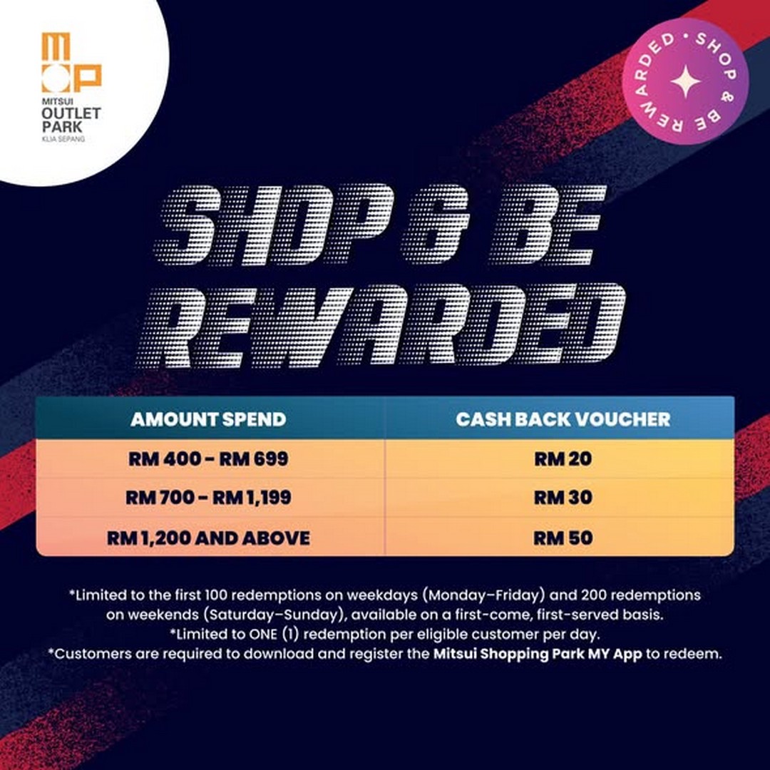 Mitsui-Outlet-Park-KLIA-Sepang-Shop-Be-Rewarded-Promotion-1 20–28 June 2026: Mitsui Outlet Park KLIA Sepang Shop & Be Rewarded Promotion – Spend from RM400 and Receive Cashback Vouchers up to RM50