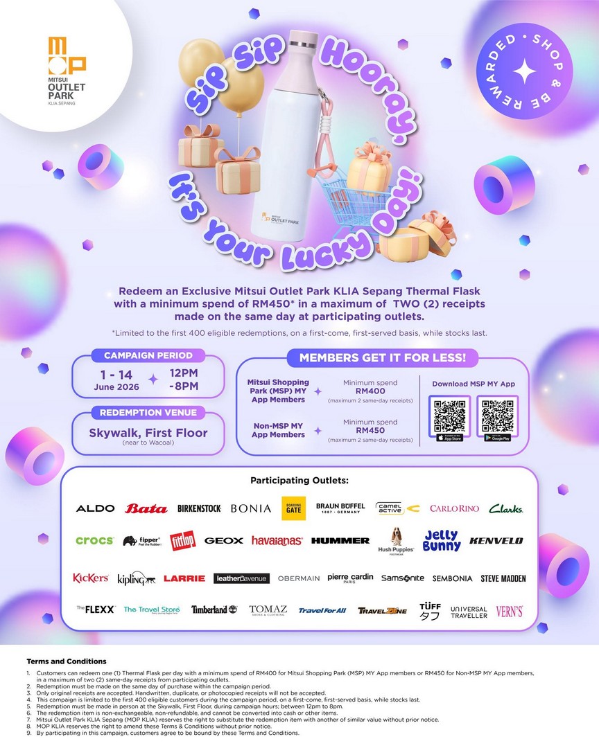 Mitsui-Outlet-Park-KLIA-Sepang-Thermal-Flask-Redemption-Promotion 1-14 June 2026: Mitsui Outlet Park KLIA Sepang Thermal Flask Redemption Promotion: Sip Sip Hooray Spend & Redeem Limited Edition Gift Campaign