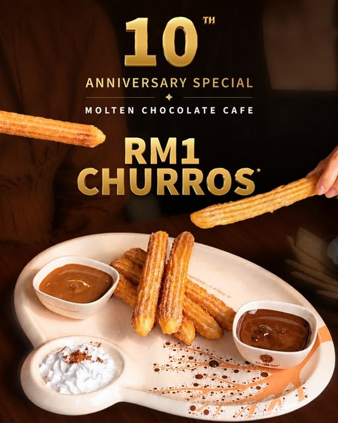 Molten-Chocolate-Cafe-10th-Anniversary-RM1-Churros-Add-On-Promotion 12 June 2026 onwards: Molten Chocolate Cafe 10th Anniversary RM1 Churros Add-On Promotion – Celebrate a Decade of Sweet Memories with an Irresistible Treat