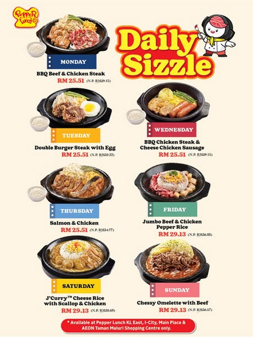 Pepper-Lunch-Malaysia-Daily-Sizzle-Weekly-Menu-Promotion 11 June 2026 onwards: Pepper Lunch Malaysia: Daily Sizzle Weekly Menu Promotion, One Weekly Menu Two Different Deals at Selected Outlets