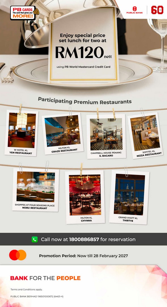Public-Bank-PB-Mastercard-Privileges-Affluent-Dining-Promotion Now till 28 February 2027: Public Bank PB Mastercard Privileges Affluent Dining Promotion – Enjoy Exclusive Set Lunch for Two at RM120 Nett at Premium Restaurants Across Malaysia
