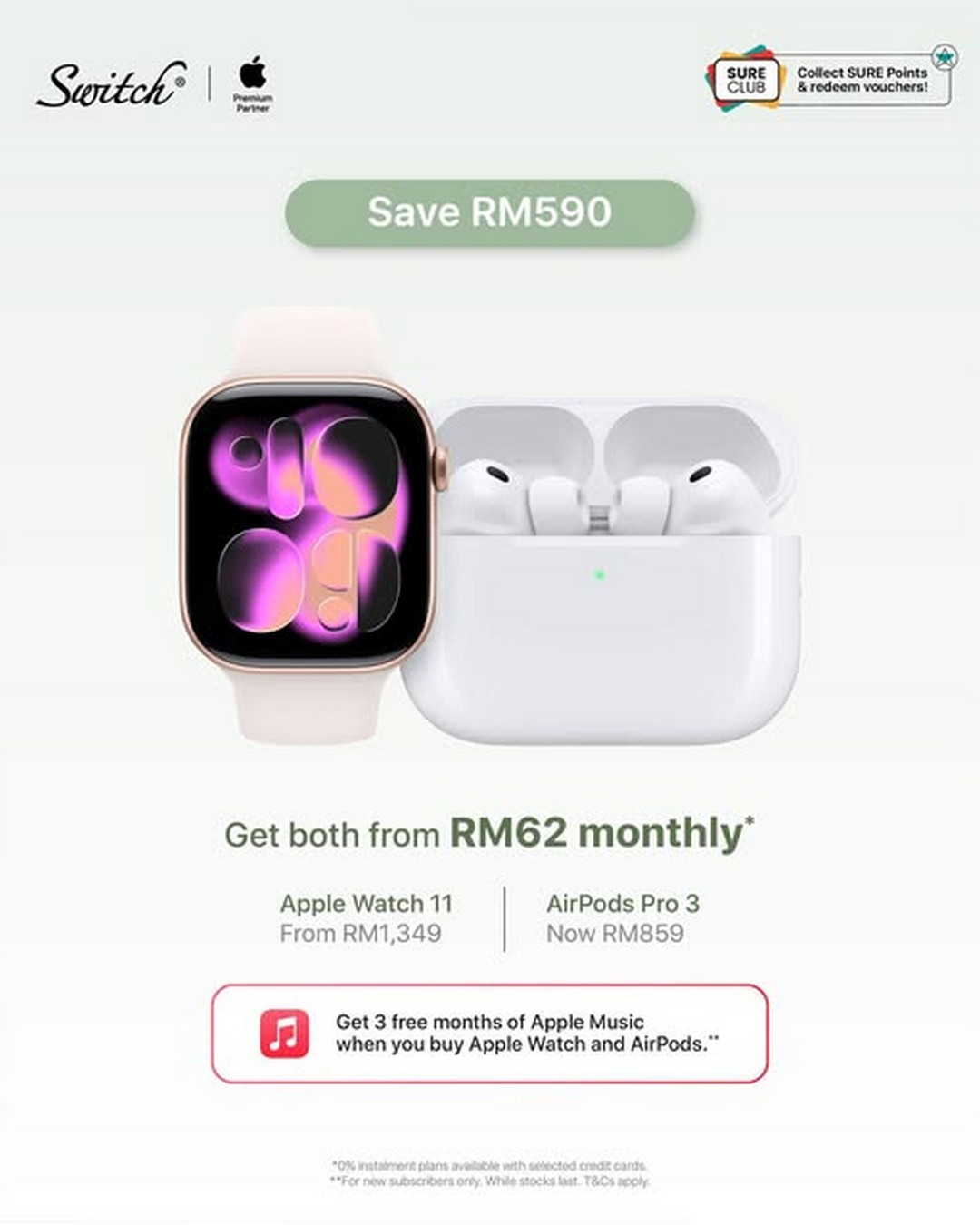 Switch-Apple-Watch-Series-11-AirPods-Pro Now till 13 June 2026: Switch Apple Watch Series 11 & AirPods Pro 3 Promotion, Save RM590, 0% Interest Instalment Deal)