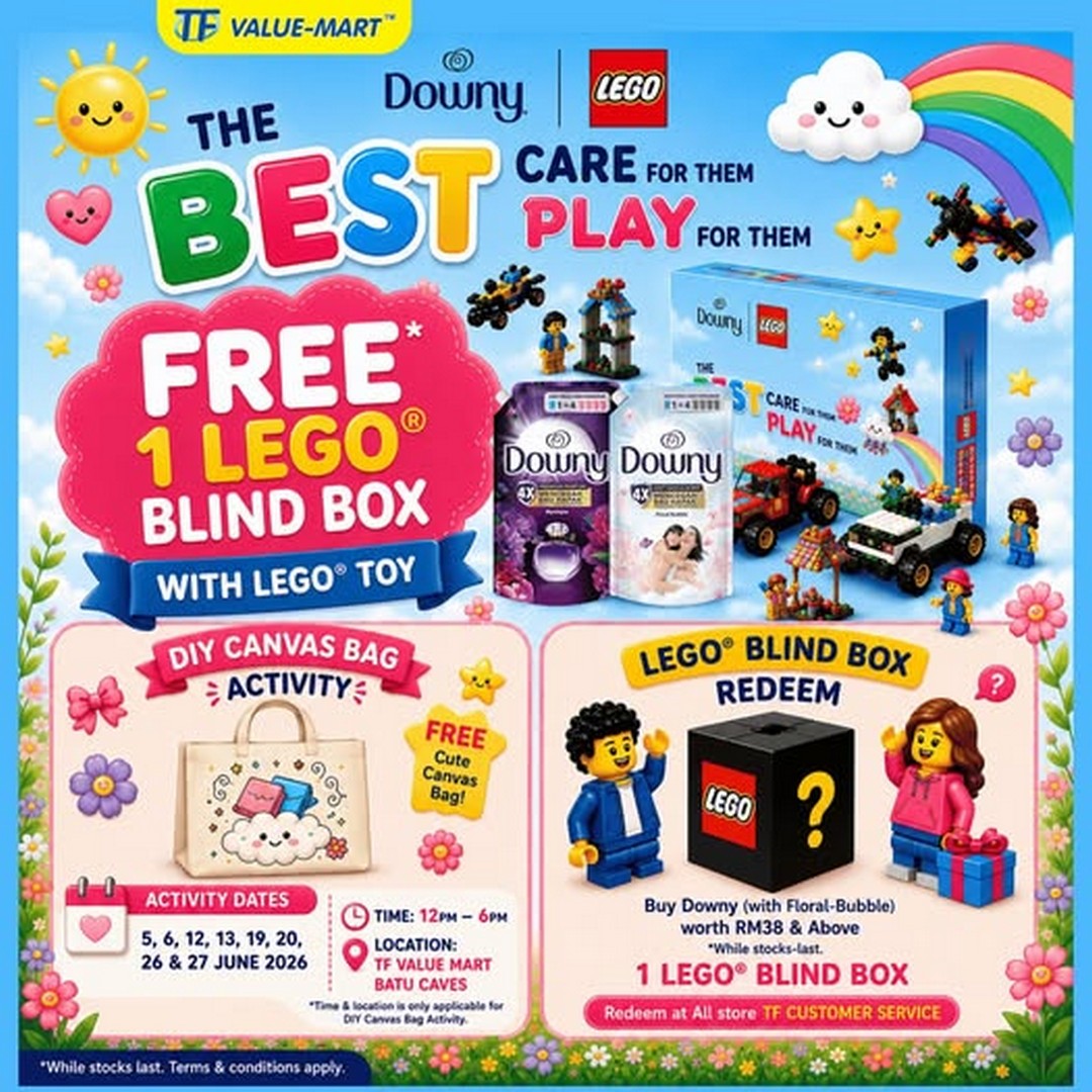 TF-Value-Mart-Malaysia-Downy-x-LEGO-Roadshow-Promotion 5–27 June 2026: TF Value-Mart Malaysia, Downy x LEGO Roadshow Promotion with Free LEGO Blind Box Redemption and Weekend DIY Canvas Bag Activity at Batu Caves