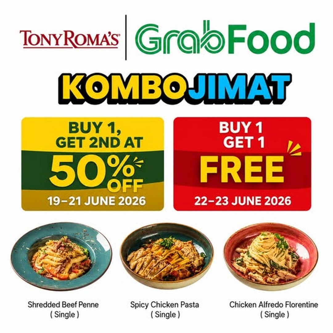 Tony-Romas-GrabFood-Kombo-Jimat-Pasta-Promotion 19–23 June 2026: Tony Roma’s GrabFood Kombo Jimat Pasta Promotion, Buy 1 Get 1 Free & 50% Off Pasta Deals via Delivery