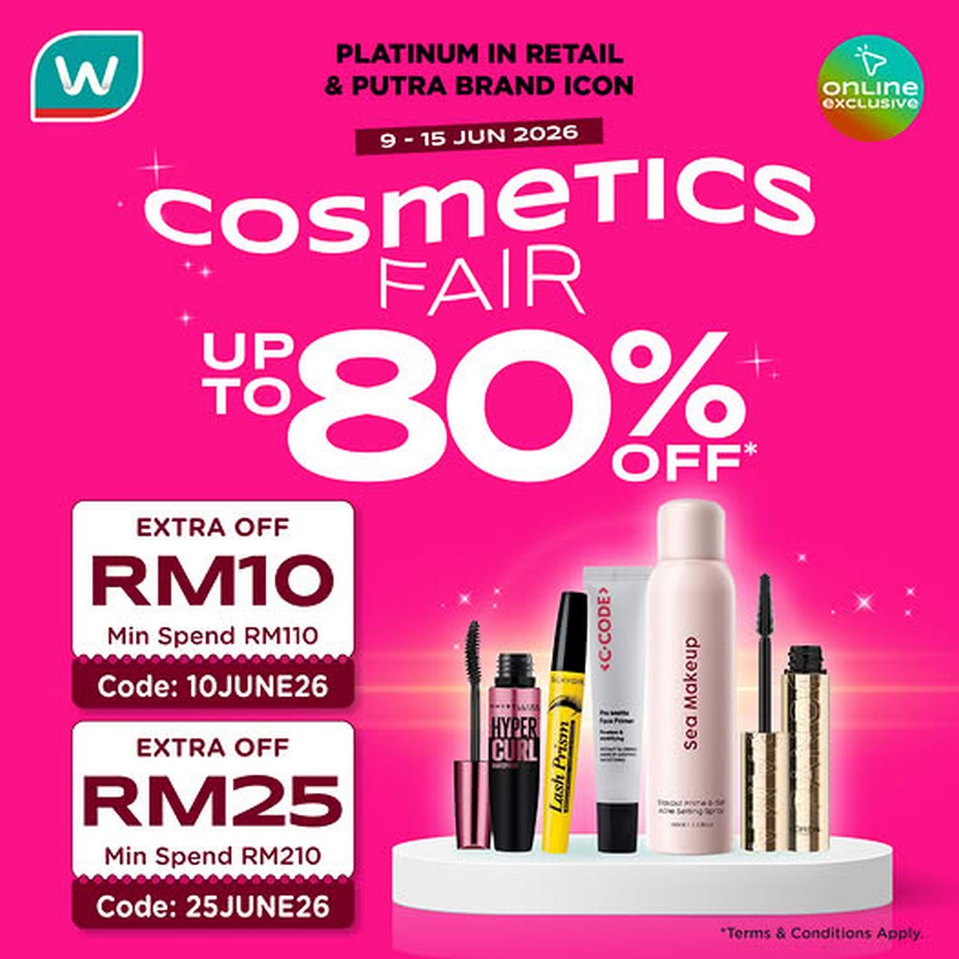 Watsons-Malaysia-Cosmetics-Fair-Sale 9–15 June 2026: Watsons Malaysia Cosmetics Fair Sale, Up to 80% Off Beauty Deals Online and In-Store